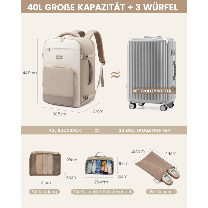 LOVEVOOK Рюкзак ручної поклажі, 40л, 17.3 дюйми, для подорожей та бізнесу, водонепроникний, 45x30x20см, світло-бежевий