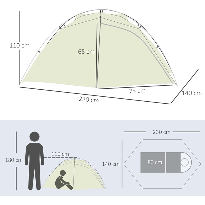 Намет для кемпінгу Outsunny 2-місний намет купольний намет PU3000 мм Легке налаштування для трекінгового фестивалю Легкий алюмінієвий нейлоновий кремовий білий 230 x 140 x 110 см