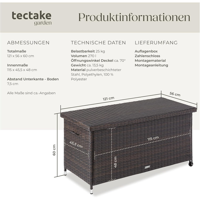 Ящик для подушок Tectake з ротангу, 270л, коричневий - водонепроникний, з замком, на колесах для саду, тераси, балкону