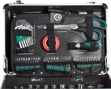 Набір інструментів Brüder Mannesmann 90 предметів в алюмінієвому кейсі M29067: плоскогубці, викрутки, тріскачка, тестер напруги
