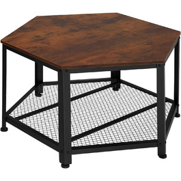 Журнальний столик Tectake з дерева і металу в промисловому дизайні, стіл для вітальні з місцем для зберігання, шестикутний, 86,5 х 75 х 46,5 см, чорний металевий каркас (індустріальний темно-коричневий)