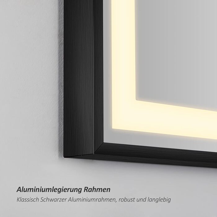 Дзеркало для ванної кімнати EMKE з підсвічуванням 70x50 см, чорне, сенсорне, з регулюванням яскравості, проти запотівання, годинник, функція пам'яті та нейтральне світло 4300K, енергозберігаюче, IP44