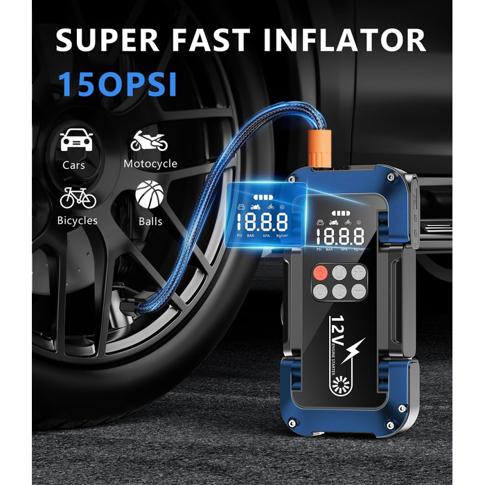 Портативний пусковий пристрій Starthilfe Powerbank з компресором 150PSI, 4000A, 12V для автомобілів та 8.0L дизель, 26800mAh, 4-в-1 з LED-ліхтариком та LCD дисплеєм