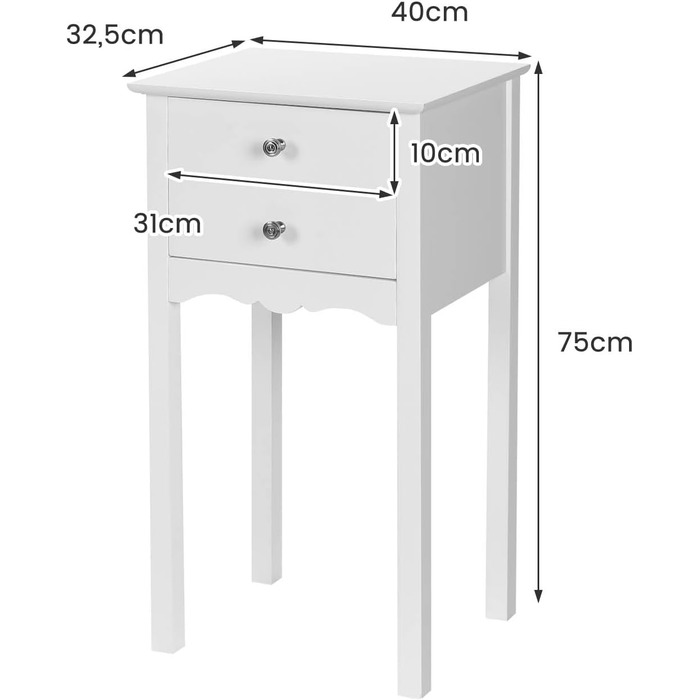 Дерев'яна тумбочка LIFEZEAL, тумбочка з 2 висувними ящиками, тумбочка вузька, сучасна приліжкова консоль журнальний столик, телефонний стіл 40 x 32 x 75 см (білий)