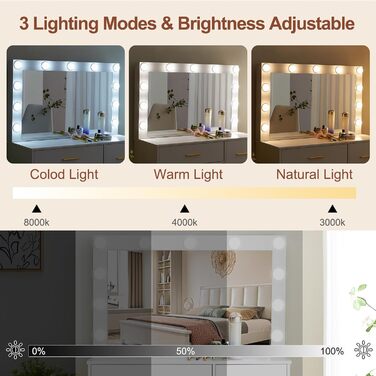 Туалетний столик зі світлом і дзеркалом, з пуфом, 6 ящиків та 6 поличок, 80x36x130 см (PE50)