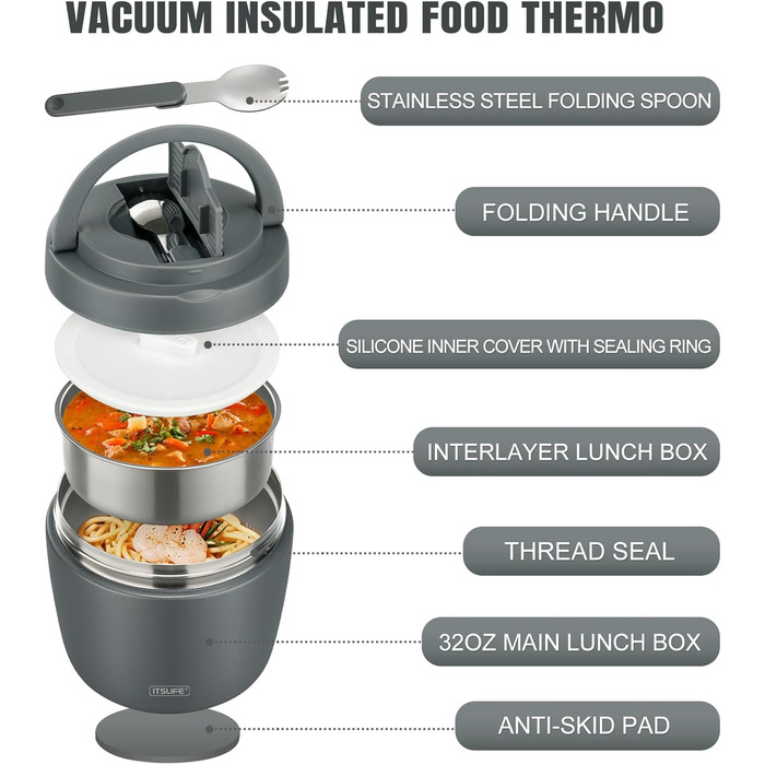 Термоконтейнер для їжі Itslife 970мл, термоконтейнер з кришкою, з нержавіючої сталі з ложкою, термотермос для їжі, ланчбокс для супів, дитячого харчування, каші (зелений, сірий)