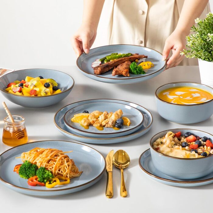 Набір посуду Steingut vancasso LOIRE 24тг. для 6 осіб: тарілки, супові тарілки, десертні тарілки, миски. Сучасний блакитний дизайн, безпечний для мікрохвильовки та посудомийної машини.