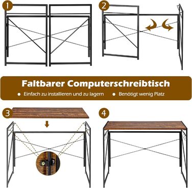 Складаний стіл COSTWAY, розкладний стіл 100 x 50 см з 6 гачками та металевим каркасом, компактний комп'ютерний стіл Промисловий робочий стіл для домашнього офісу, 115 кг з можливістю завантаження (сільський коричневий)