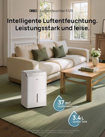Dreo Електричний осушувач повітря 20л/24г - для приміщень 37 м², енергозберігаючий, тихий, з керуванням через App & Alexa, 3 режими, таймер, регулювання вологості, з відводом води, для спальні та ванної кімнати, білий