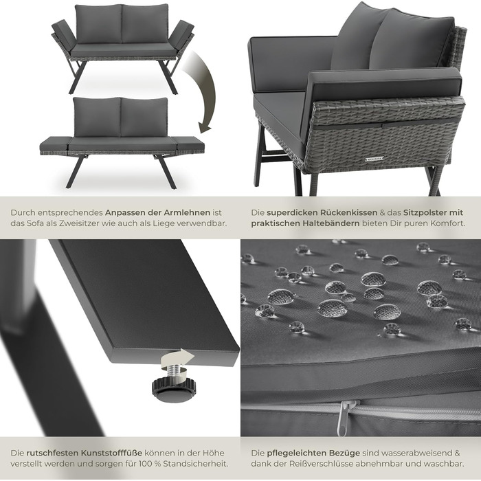 Садовий диван-шезлонг Tectake з ротангу, сірий - вуличні меблі для відпочинку з функцією сну та відкидними підлокітниками