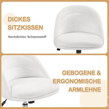 Крісло Yaheetech для дому та офісу: крісло для туалетного столика, обертове, з регулюванням висоти, на роликах, біле, до 136 кг