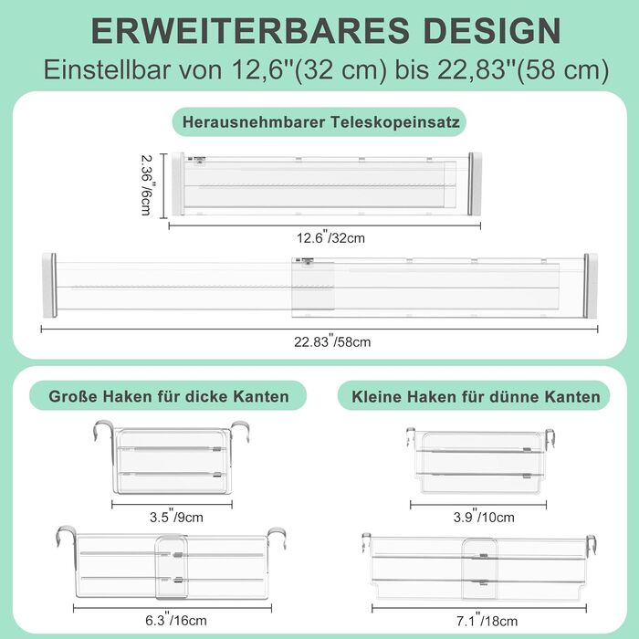 FUNIZE Регульовані роздільники для ящиків з вставками, 8 шт., роздільники 32-58 см + 16 шт. вставок 9-18 см, органайзер для ящиків, кухня, спальня, офіс, прозорий, 6 см висота