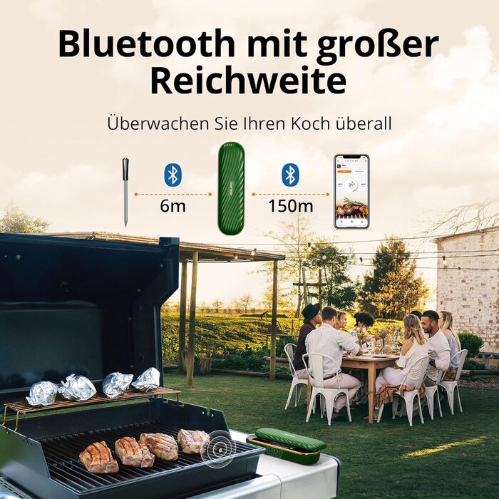 Бездротовий термометр для м'яса з Bluetooth, дальність 150м, IP67, з рецептами, для приготування, гриля та BBQ, INT-11XB