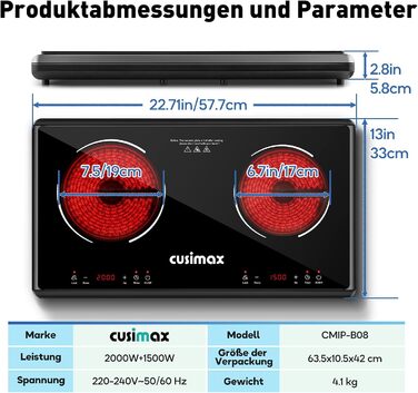 Двоконфорочна електрична плита CUSIMAX 3500W з інфрачервоним нагрівом, склокераміка, LED дисплей, таймер, сенсорне керування, захист від дітей, чорний колір