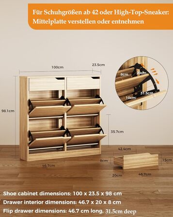 Шкаф для взуття IRONCK з 4 дверцятами, вузький, з 2 висувними ящиками, окремо розташований, з регульованими перегородками, для прихожого, входу та вітальні (білий). Матеріал: дерево. Розміри: 100x23.5x98 см