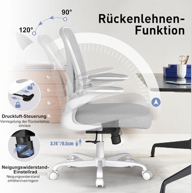 Ергономічне крісло для офісу ZZH з сітчастою спинкою, регульованою поперековою підтримкою та підйомними підлокітниками, дихаючий комп'ютерний стілець для дому з обертанням на 360° та регулюванням висоти, сірий