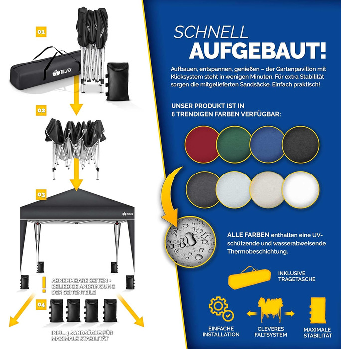 Павільйон Tillvex 3x3м водовідштовхувальний з 4-ма мішками з піском | Pop-Up павільйон, стабільний та регульований по висоті | Садовий намет з UV захистом 50+ | Намет для вечірок з сумкою для саду (Антрацит) 3x3м, без стін