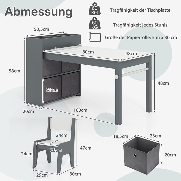 Дитячий столик та 2 стільчики DREAMADE 2-в-1 з паперовою рулонною полицею та 4 текстильними боксами для зберігання, дерев'яний дитячий куточок для малювання та ігор у дитячу кімнату (Сірий)