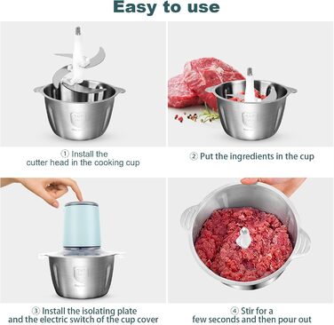 Електричний подрібнювач для кухні з великою ємністю 148W: 2 швидкості, 2л контейнер з нержавіючої сталі, 4 ножі з нержавіючої сталі. Подрібнювач для м'яса, цибулі, фруктів та овочів