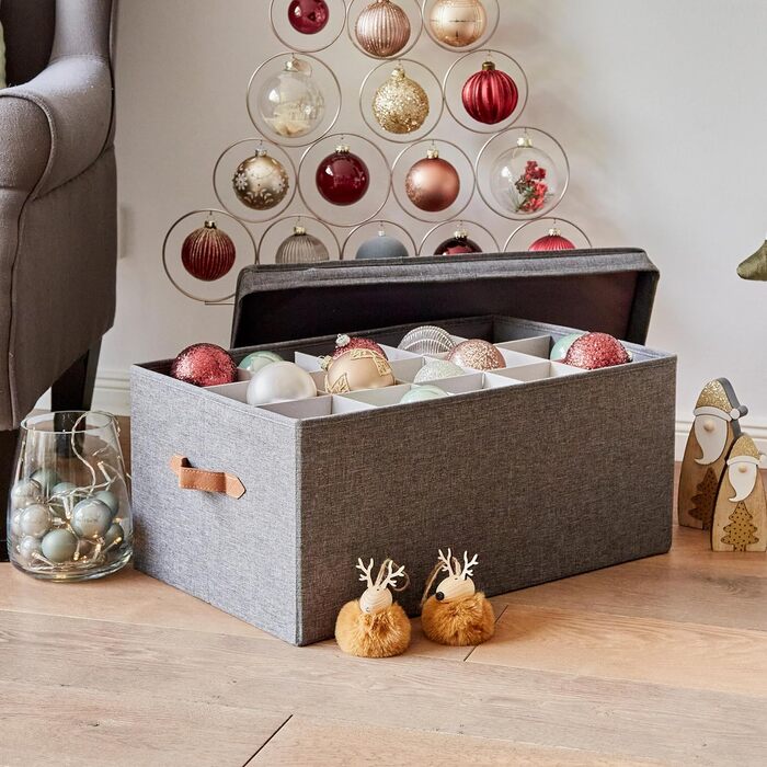 Преміум коробка для зберігання новорічних прикрас LOVE IT STORE IT - тканинна коробка з 30 відділеннями, знімний піднос, сіра, 58x36x25 см