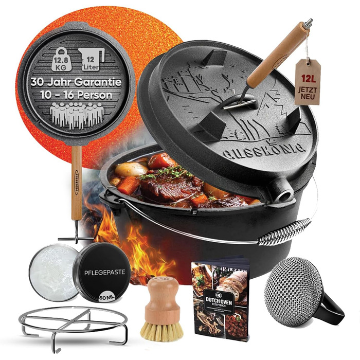 Набір Dutch Oven 4.5л: чавунний горщик для тушкування з ніжками, 2-в-1 кришкою, набором для чищення та рецептами. 30 років гарантії.