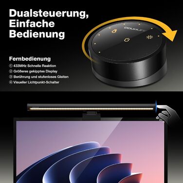 Світлодіодна лампа для монітора Douxlife Screenbar з сенсорним керуванням та пультом дистанційного керування, USB-зарядка, регульована яскравість та колірна температура, захист очей для ПК, чорний