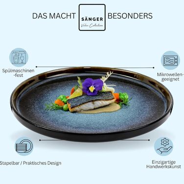 Набір посуду SÄNGER Steingut 18 предметів: 6 тарілок для їжі, 6 мисок для каші, 6 десертних тарілок, блакитний колір з чорним бордюром, стійкий до подряпин, VALUE COLLECTION (Osaka)