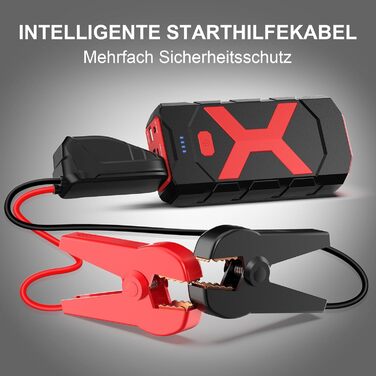 Портативний акумулятор-пусковий пристрій POWKEY для автомобілів, 2000A, 12V, з LED-ліхтариком та 2 USB-виходами (червоний)
