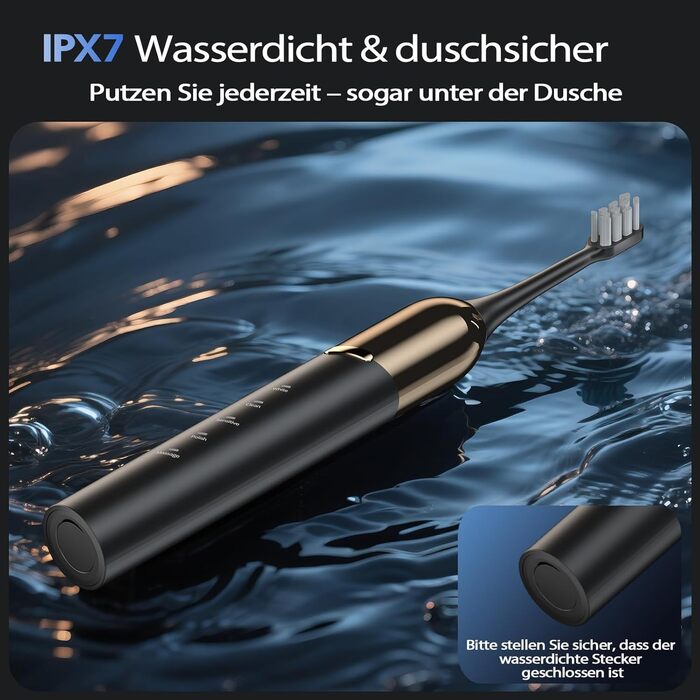 Електрична звукова зубна щітка з 4 насадками та 5 режимами, 50000 VPM, IPX7, таймер 2 хвилини, чорна