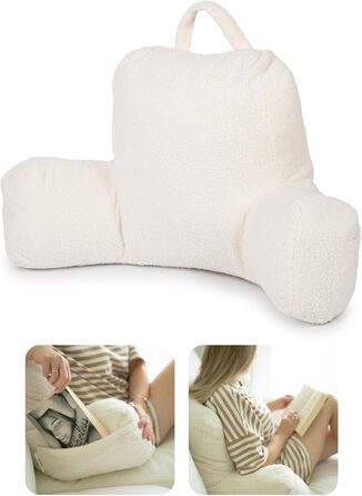 Подушка для спини з підлокітниками Flumi для читання, перегляду телевізора та відпочинку. Зручна подушка для ліжка та дивана з знімним чохлом, м'яка піна, з ручкою (Бежевий Boucle)