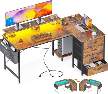 Кутовий письмовий стіл ODK L-подібної форми, 4 ящики, розетки та USB, LED та підставка для монітора, 160x80x85.9см, коричневий