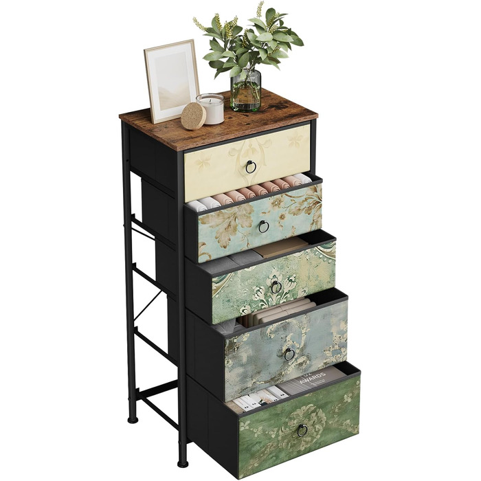 Комод WOLTU з 5 висувними ящиками з тканини, шафа-комод, тумбочка, для спальні, вітальні, коридору, з металевим каркасом та ДСП, SSK004whe (Рустичний коричневий + чорний + вінтажний квітковий мотив, 1)