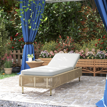 Плетена шезлонг з ротанга, вулична лежанка з PE-ротанга з 5 рівнями нахилу та подушкою, садовий шезлонг