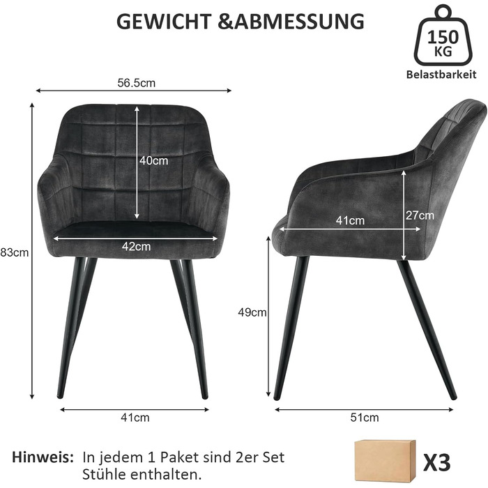 CLIPOP Комплект стільців для їдальні (6 шт.), з підлокітниками, штучна шкіра, для кухні, вітальні, сірий велюр