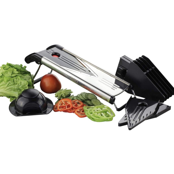 Мандоліна для нарізання овочів Chef's INSPIRATIONS з V-подібною лезою, овочевий терт, слайсер та джигунер. В комплекті 6 насадок, щітка для чищення та захисний рукавичка. Нержавіюча сталь.