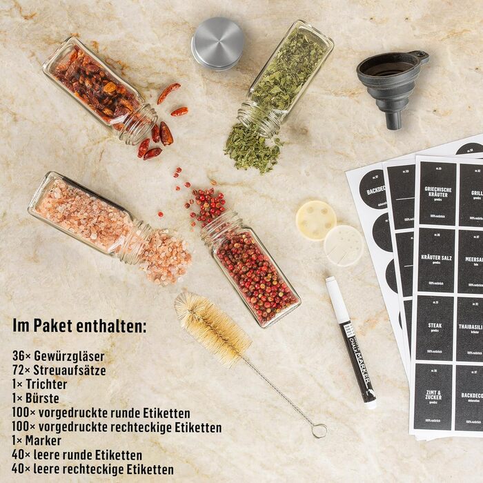 Набір скляних баночок для спецій Deco haus® 36 шт. з етикетками та дозаторами