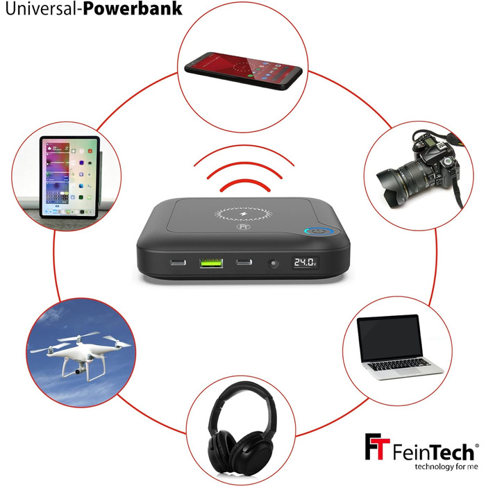 Роз'єм FeinTech PLG02400 ноутбука Powerbank 60 Вт PD USB-C та DC для ноутбука, MacBook, iPad, планшета, смартфона, камери, Nintendo Switch, бездротової зарядки 10 Вт, 88 Втгод, 24000 мАг, 122 x 122 x 28 мм