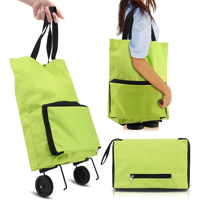 Кошик для покупок, складна сумка для покупок з гумовими коліщатками, складна кошик для покупок, тканина з Оксфорда, сумки для покупок, багаторазова Зелена кошик для покупок в супермаркеті (з гумовими коліщатками)