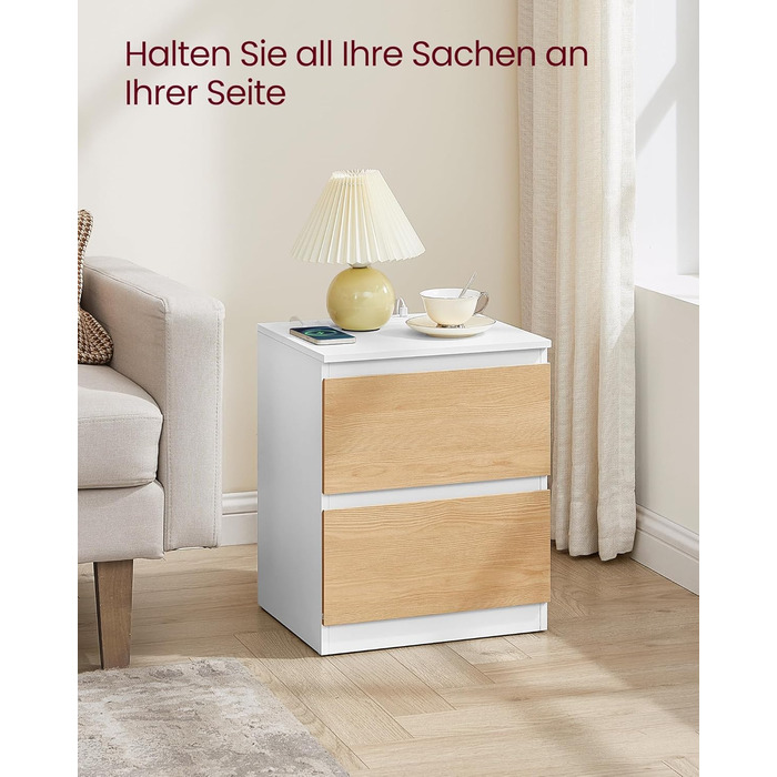 Приліжкова тумбочка VASAGLE Kailyn з розетками, 2 ящики, 2 AC-розетки, 2 USB-A порти, для спальні, хмарно-білий LET62W02