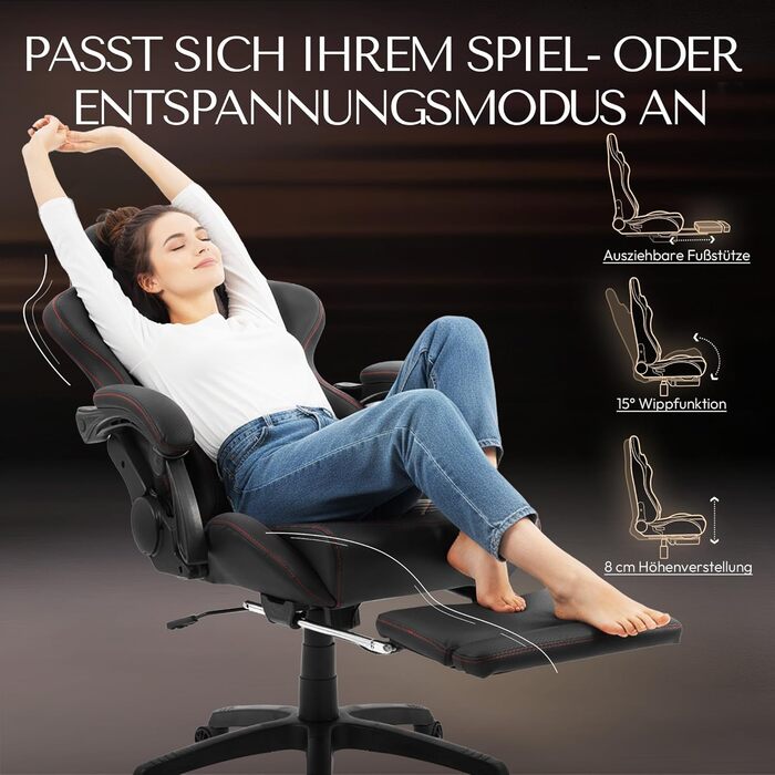 Ігровий крісло Dowinx з регульованою підніжкою, масажним поперековим валиком та офісним комфортом, до 200 кг, кут нахилу спинки 165°, чорний