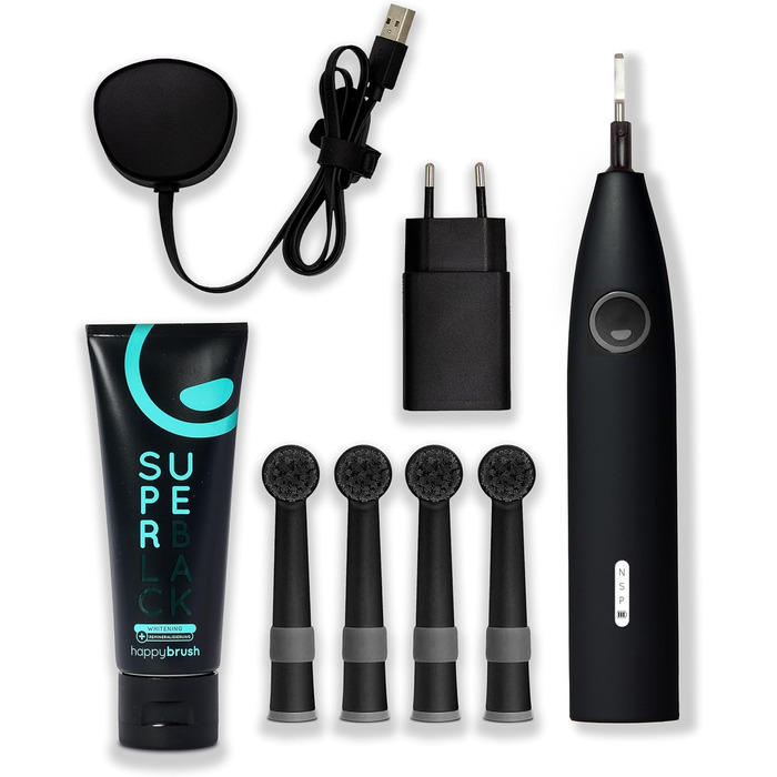 Електрична зубна щітка Happybrush Eco R2 - екологічна, з ротаційним механізмом, чорна, з 3 насадками та пастою. Рекомендовано експертами.