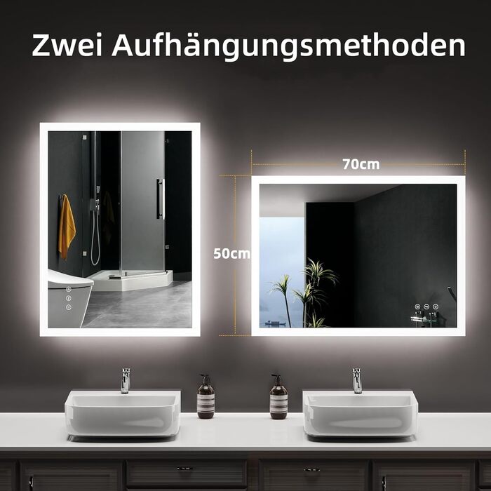 LED дзеркало для ванної кімнати 80x60 см з підсвічуванням, 3 кольори світла, регулювання яскравості, антизапарююча функція, сенсорне керування, пам'ять, IP44, вологостійке