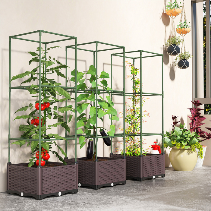 Набір з 3-х високих грядок з опорою для ліан: ящики для рослин з дренажними отворами