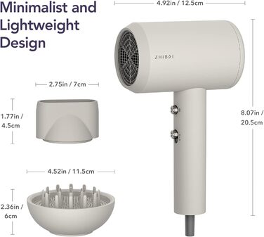 Фен для волосся з іоном, професійний фен ZHIBAI з 2 температурними режимами, 1 дифузором і 1 насадкою для укладання, фен з негативною іонністю для жінок, дітей, дому, подорожей, салону бежевого