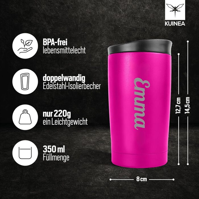 Термокухоль з персоналізацією, 350 мл, не протікає, з гравіюванням, чорна/рожева (з іменем)