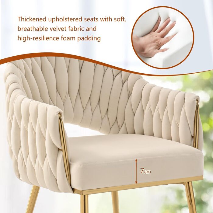 Набір з 2 обідніх стільців Samt, крісла для вітальні, стільці для кухні з підлокітниками, стільці для макіяжу з золотими ніжками, стільці для балкону білого кольору