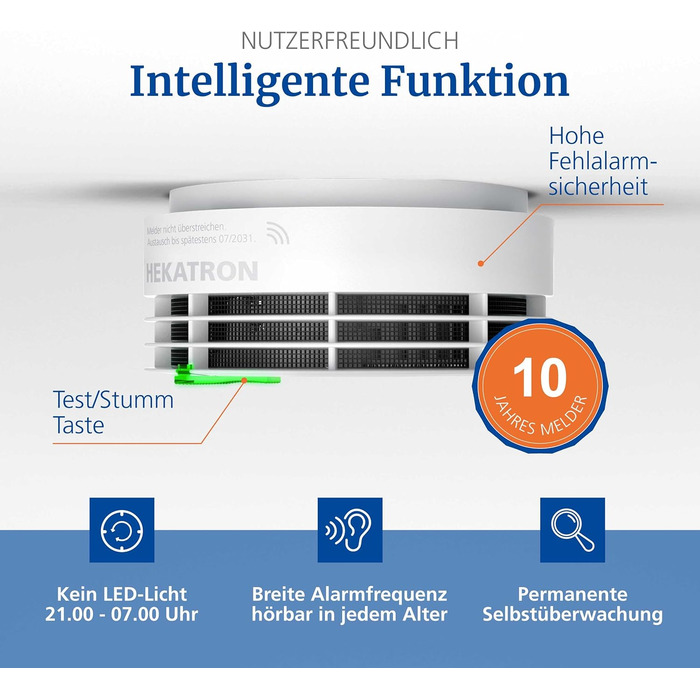 Hekatron Genius Plus: Детектор диму з 10-річним терміном служби батареї, переможець Stiftung Warentest, Made in Germany, з клейкою підкладкою, з підтримкою додатку, багатомовний, 1 шт. (радіодетектор диму з радіомодулем)