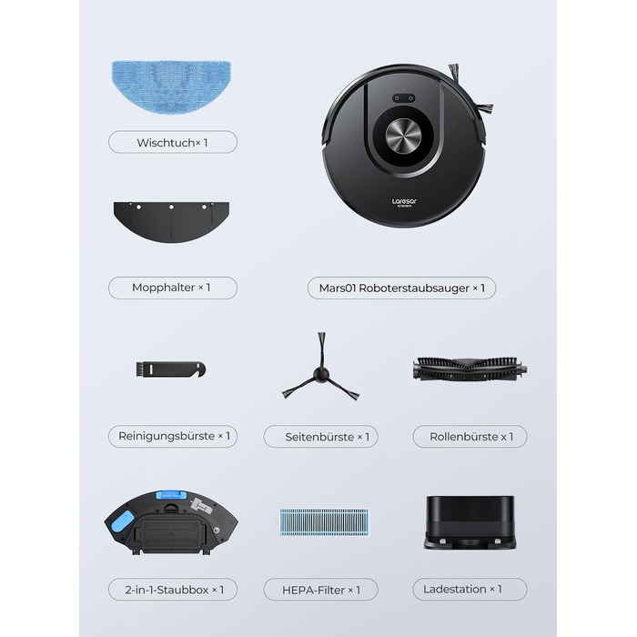 Робот-пилосос Laresar Clean 3-в-1 з функцією миття, 5000Pa, лазерна навігація, 180 хв, для тварин, килимів, твердих підлог, керування через додаток, 15 зон заборони (чорний)