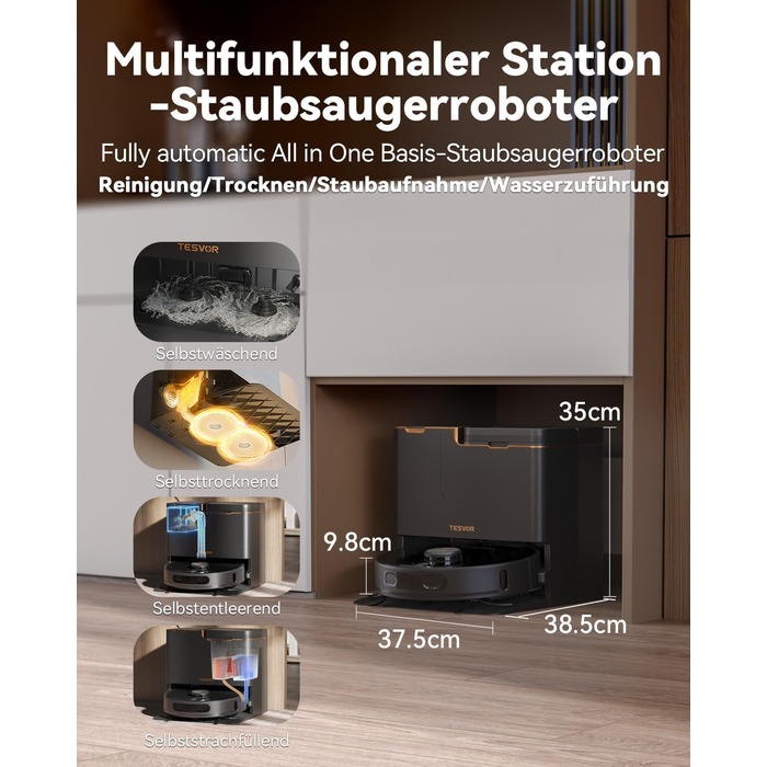 Робот-пилосос Tesvor S8 Pro з функцією миття - 8000Pa, 3в1, LiDAR-навігація, 240 хв роботи, керування через додаток/Alexa, для шерсті тварин, килимів та твердих підлог