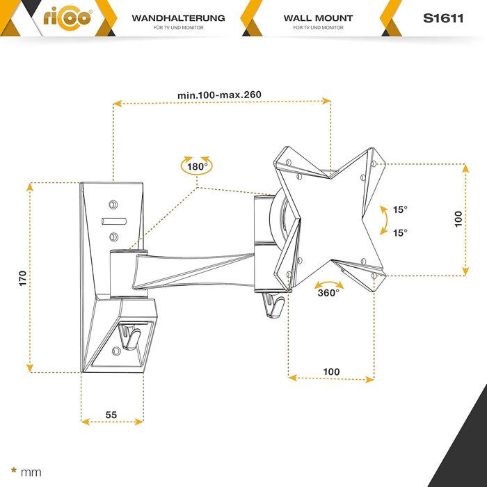 Кріплення для монітора RICOO S1611: настінна підставка для моніторів 13-34 дюймів, VESA 75x75/100x100, поворотна, нахилена
